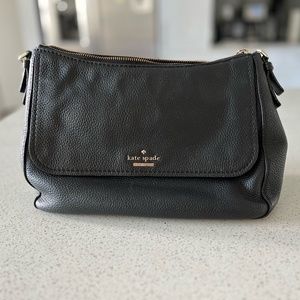 Kate Spade Black Pebbled Leather Medium Magnetic Flap Shoulder Bag Purse Brass